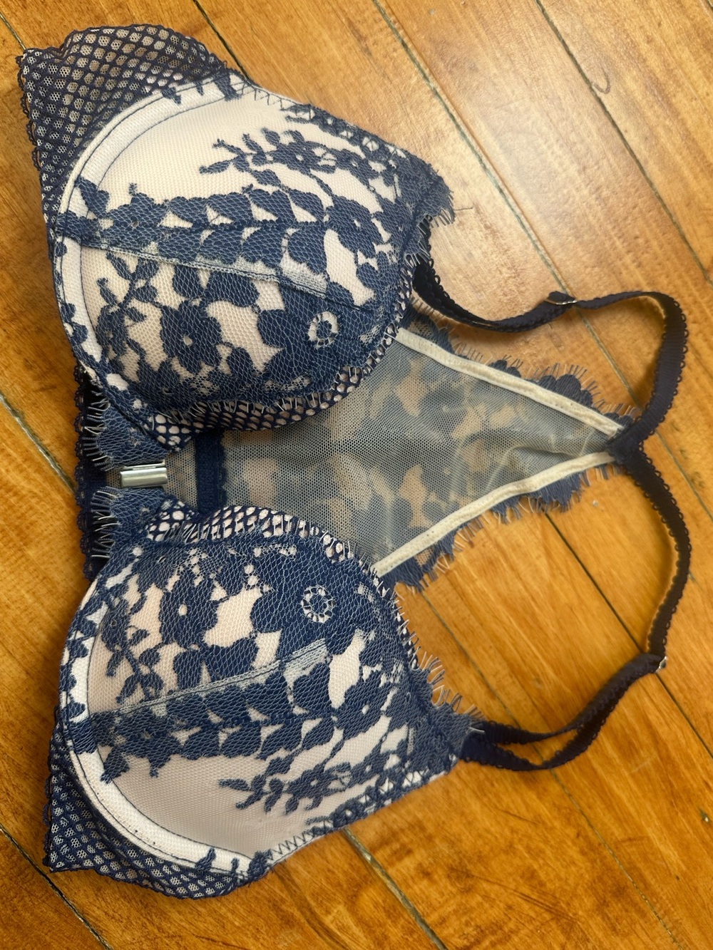 Victoria's Secret navy lace underwire bra with sheer panels